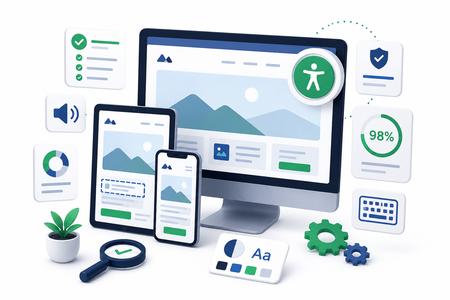 Illustration of responsive website accessibility across desktop, tablet, and mobile devices with WCAG 2.2 compliance and accessibility features.